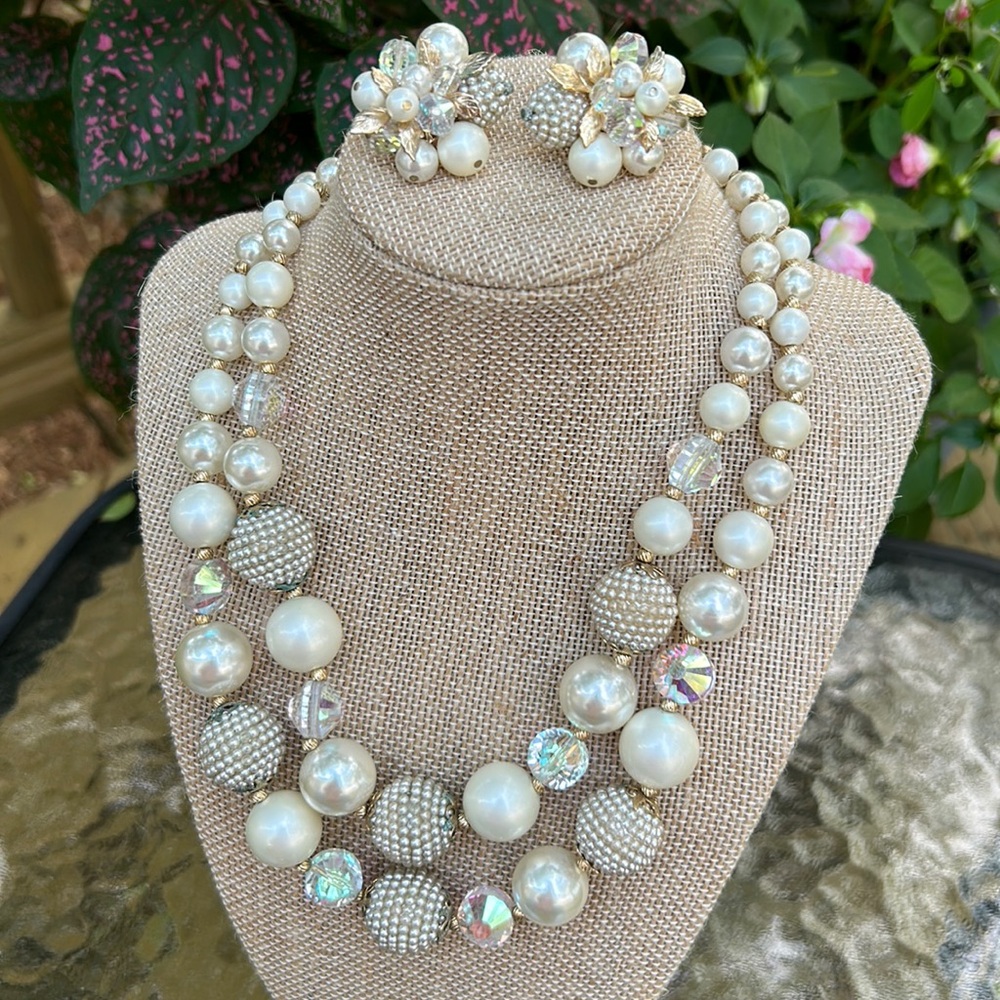 Vendome Vintage Faux Pearl & AB Crystal Necklace and Matching Cluster Clip Ons